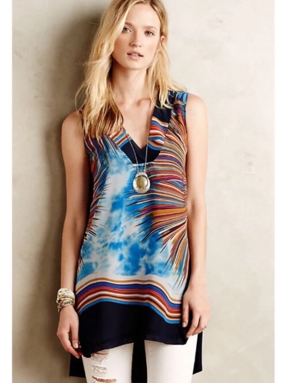 Tiny for Anthropologie - Colorful Shoreline Print V-Neck Tank Tunic - Size XS